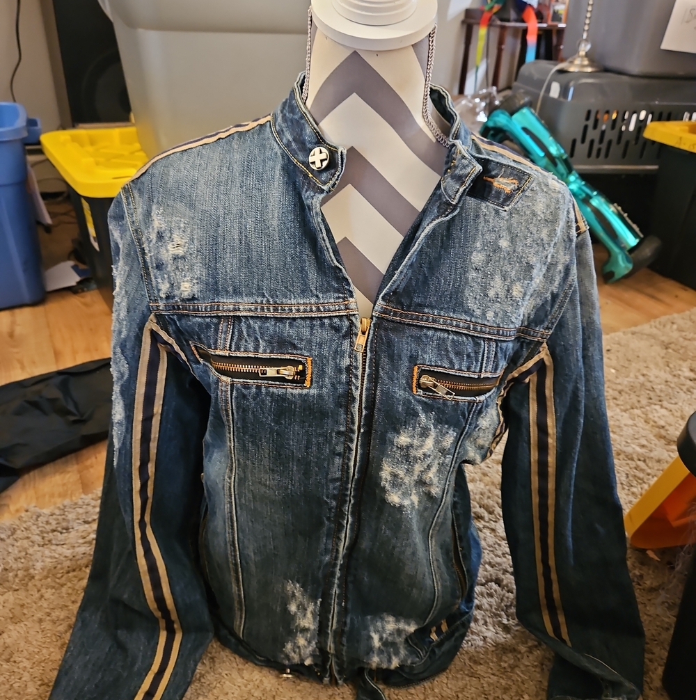 Worn Indigo Jean Jacket with Stripe-Trim Sleeves